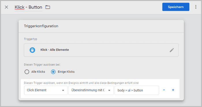 Trigger Konfiguration für Button Klick in GTM