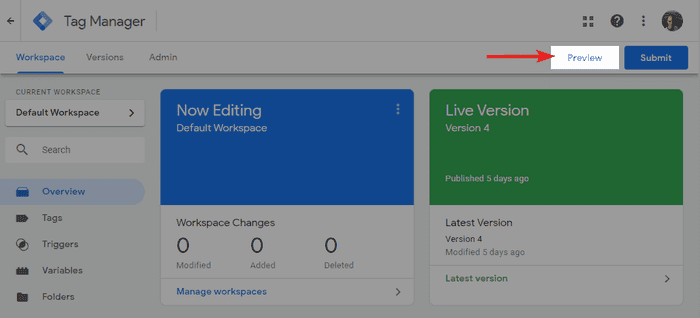 Screenshot of Google Tag Manager showing the button to activate the debugging mode