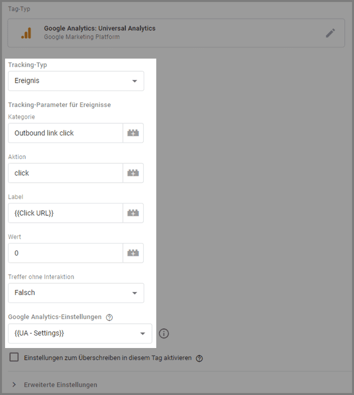 Einstellungen des Google Analytics Ereignis Tag für ausgehende Links
