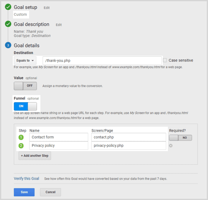 Google Analytics setup for goals screenshot