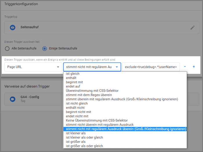 GTM Trigger Einstellungen mit regulärem Ausdruck