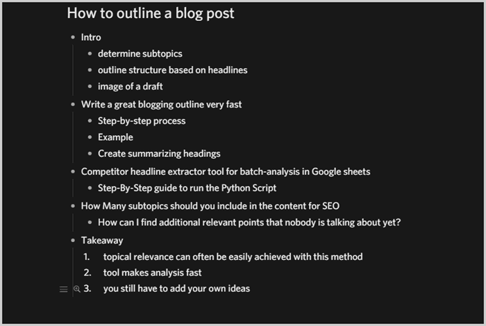 Base structure of outline including notes