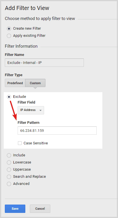 Exclude IP from Google Analytics setup screenshot
