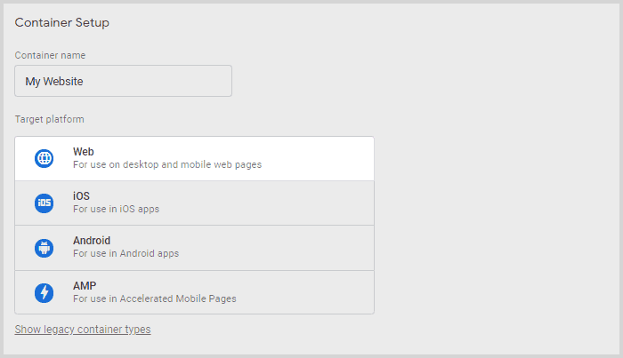Google Tag Manager web container creation screenshot