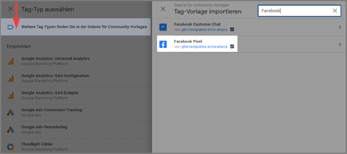 GTM's Vorlage für das Facebook Pixel Tag