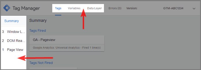 screenshot of the GTM debugger window